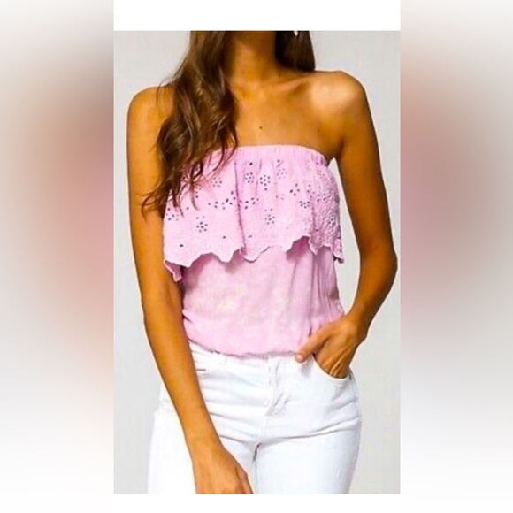 Young Fabulous & Broke Pink Eyelet Strapless Ruffle Top-Sz L - Picture 2 of 8